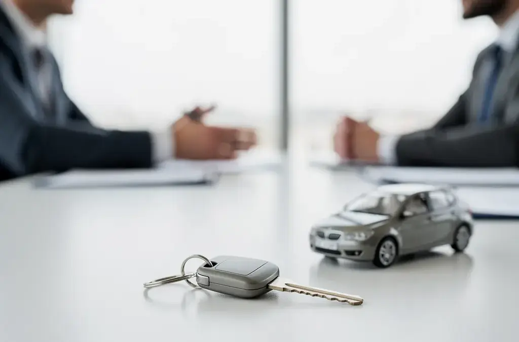 Geschäftsmann unterschreibt Leasingvertrag neben Firmenfahrzeug für finanzielle Flexibilität