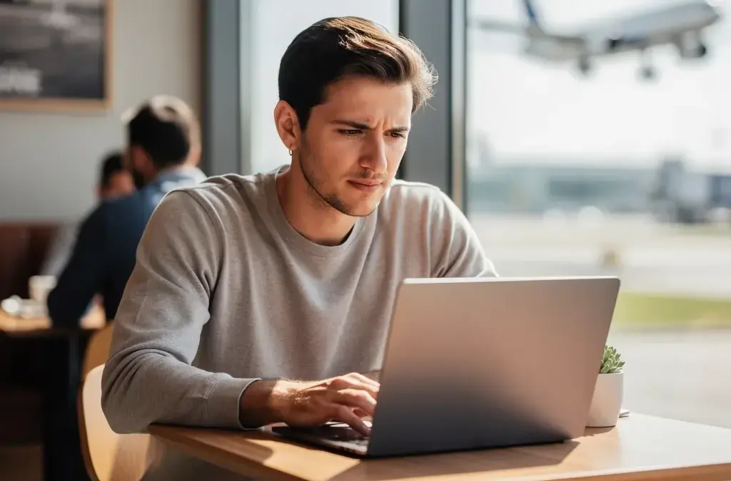 Laptop mit geöffneten Flugsuchmaschinen zeigt günstige Flugpreise für 2026