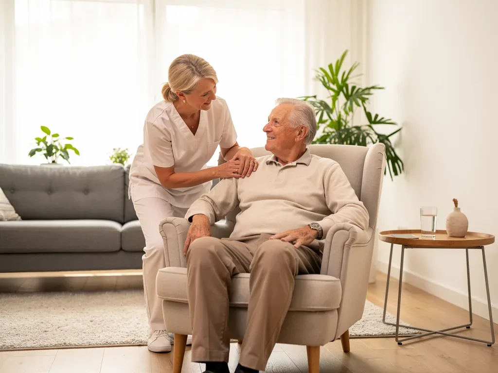 Pflegekraft betreut Seniorin zuhause für effektive häusliche Pflege und Pflegegradleistungen sichern