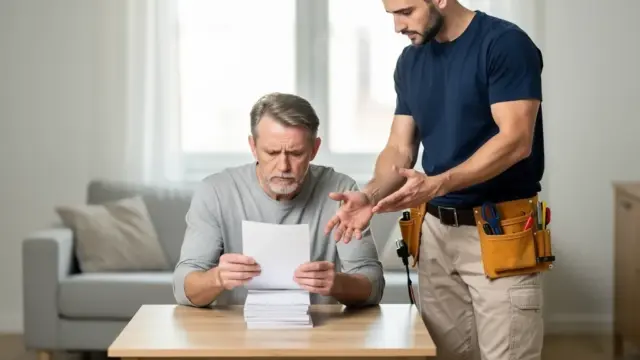 Handwerker erläutert Vertragsunterlagen und Widerrufsrecht für Verbraucher am Tisch