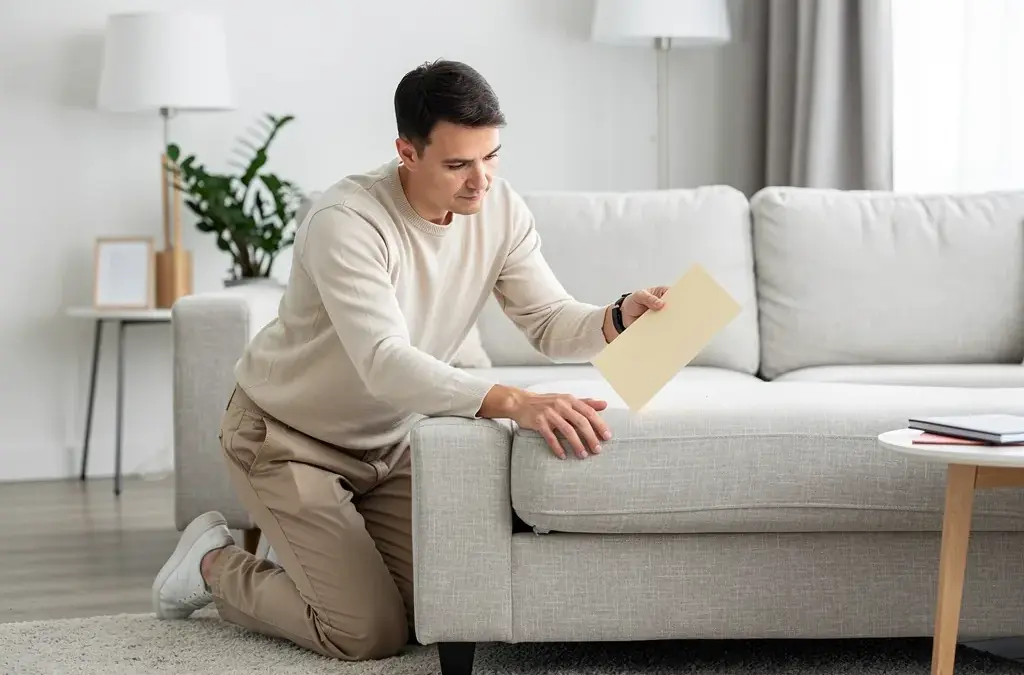 Modell einer möblierten Wohnung mit Möbeln und Schlüssel auf Tisch