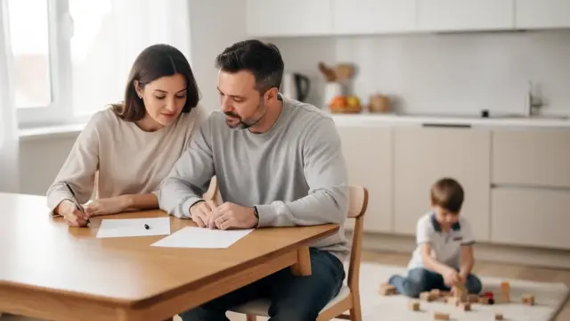 Eltern unterschreiben schriftliche Vereinbarung über Kindesunterhalt und finanzielle Sicherheit