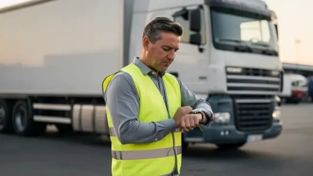 LKW-Fahrer bei der Arbeit im Güterverkehr mit Tachograph zur Einhaltung der Arbeitszeitregelungen