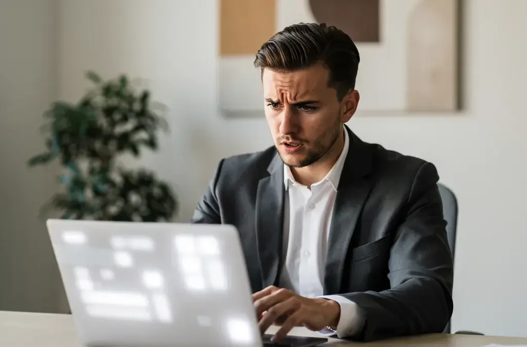 Arbeitnehmer liest eine per Mail erhaltene Kündigung am Laptop zur rechtlichen Prüfung
