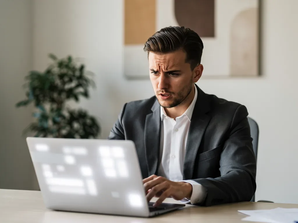 Arbeitnehmer liest eine per Mail erhaltene Kündigung am Laptop zur rechtlichen Prüfung