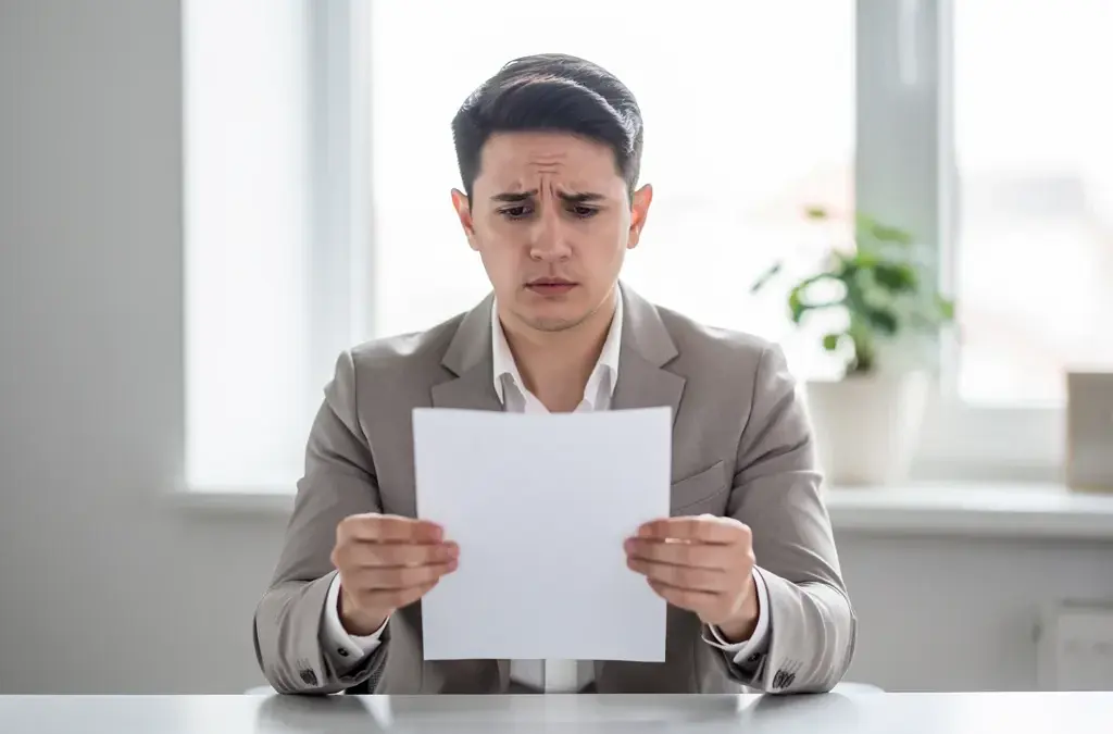 Arbeitnehmer liest Dokument zur Kündigung vom Arbeitgeber zu Hause