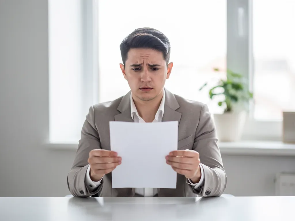 Arbeitnehmer liest Dokument zur Kündigung vom Arbeitgeber zu Hause