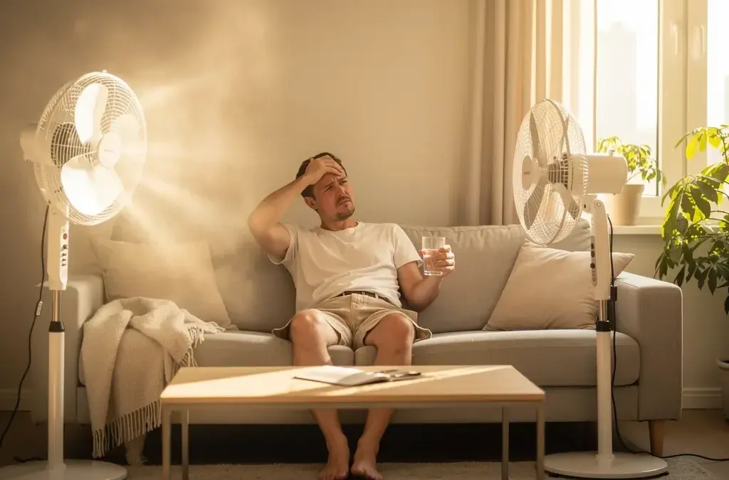 Heiße Wohnung im Sommer mit geöffnetem Fenster und Sonnenschutz für Mietminderung