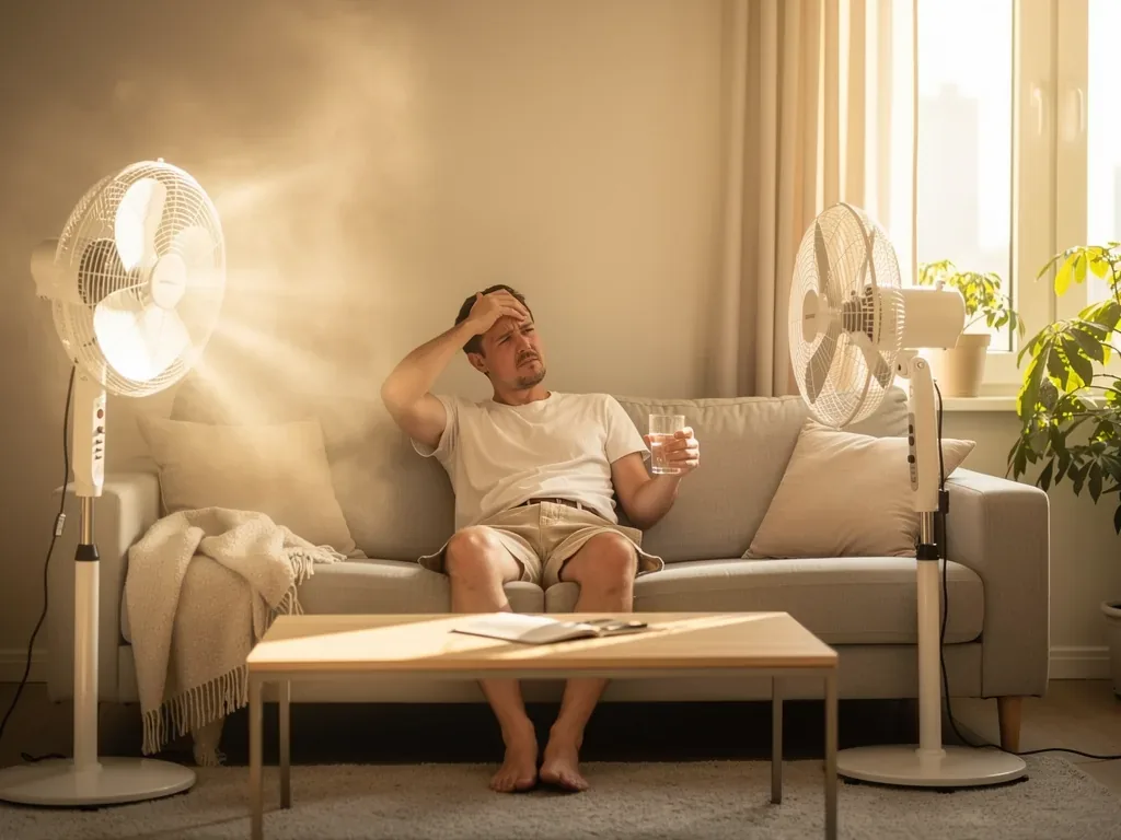 Heiße Wohnung im Sommer mit geöffnetem Fenster und Sonnenschutz für Mietminderung