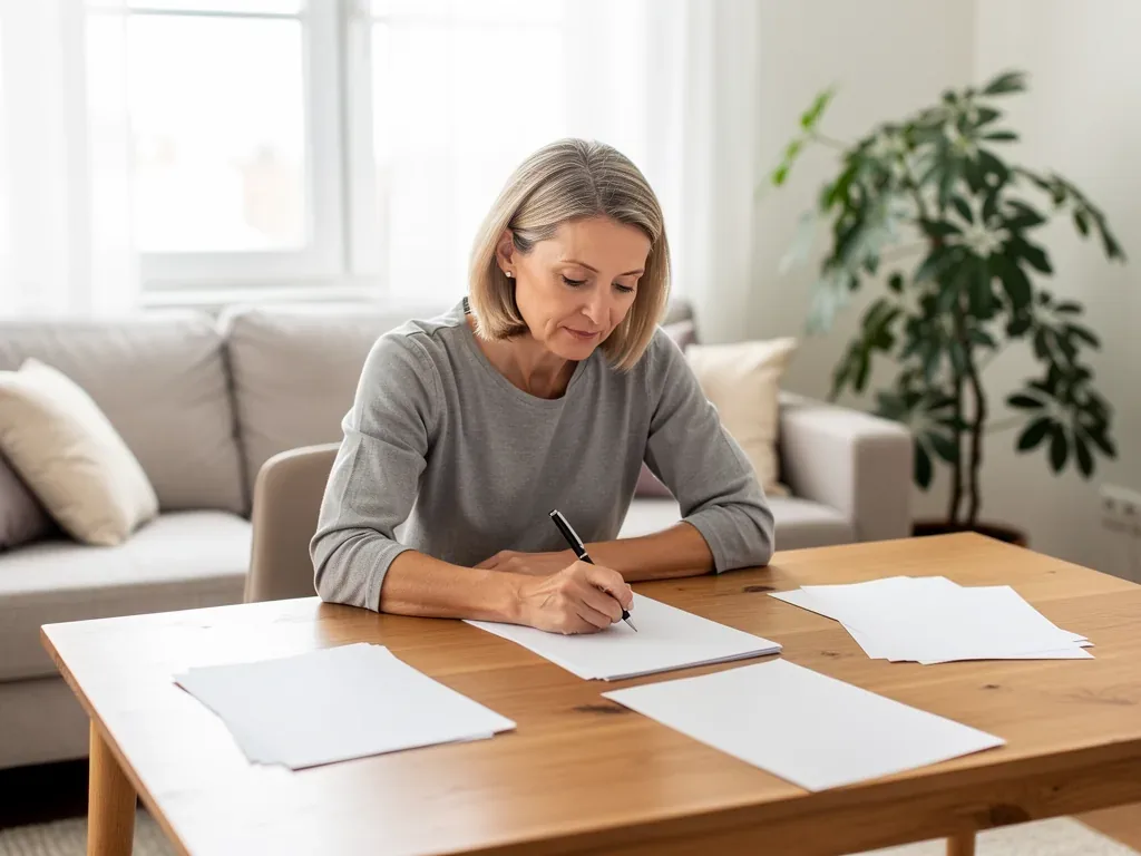 Person füllt Formular für Pflegegrad beantragen Antrag aus mit Dokumenten neben Laptop