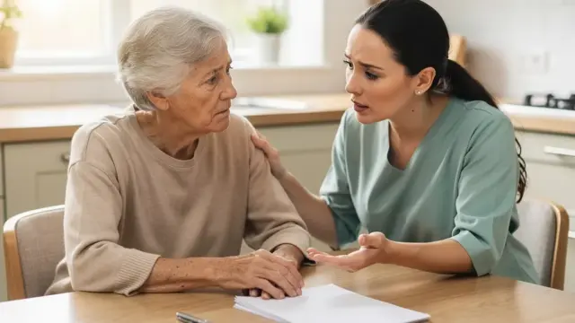 Pflegekraft berät Seniorin bei Widerspruch gegen Pflegegrad Bescheid im Büro