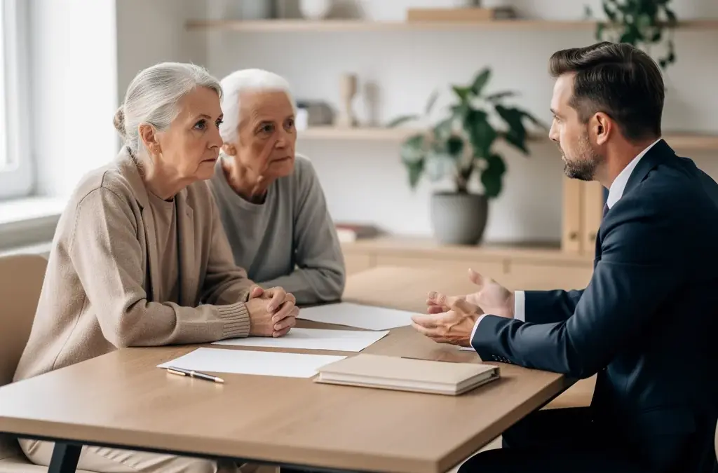 Seniorin und Ehepaar besprechen Pflichtteilsanspruch der Eltern bei Enterbung