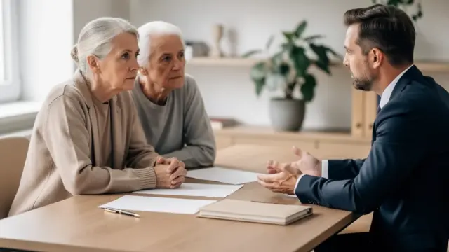 Seniorin und Ehepaar besprechen Pflichtteilsanspruch der Eltern bei Enterbung
