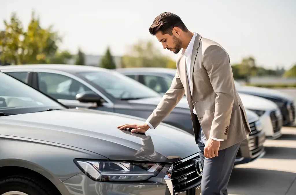 Junge Frau überprüft Leasingvertrag für ihr nächstes Auto beim privaten Leasing