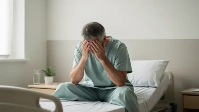 Patientin mit besorgtem Blick symbolisiert psychische Folgen von Behandlungsfehlern
