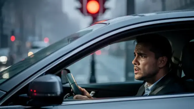 Fahrzeug bei Rotlicht an Ampel mit Bußgeldbescheid wegen Fahrverbot vorbeifahrend