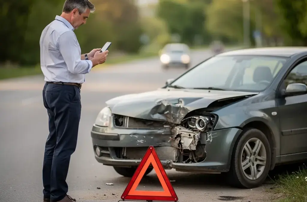 Unfallstelle mit beschädigten Autos und Dokumentation für Schadensregulierung Autounfall