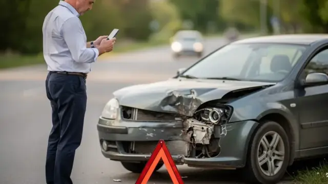 Unfallstelle mit beschädigten Autos und Dokumentation für Schadensregulierung Autounfall