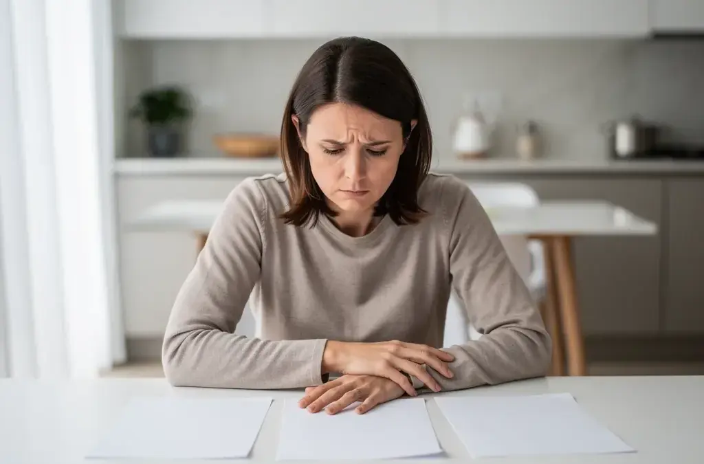 Frau mit nachdenklichem Blick plant ihre finanzielle Zukunft nach der Scheidung
