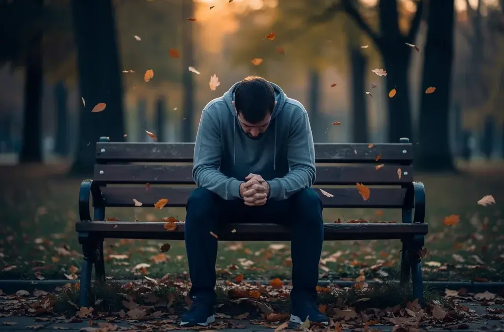 Mann sitzt nach Scheidung gedankenverloren und zeigt psychische Belastung und Stress