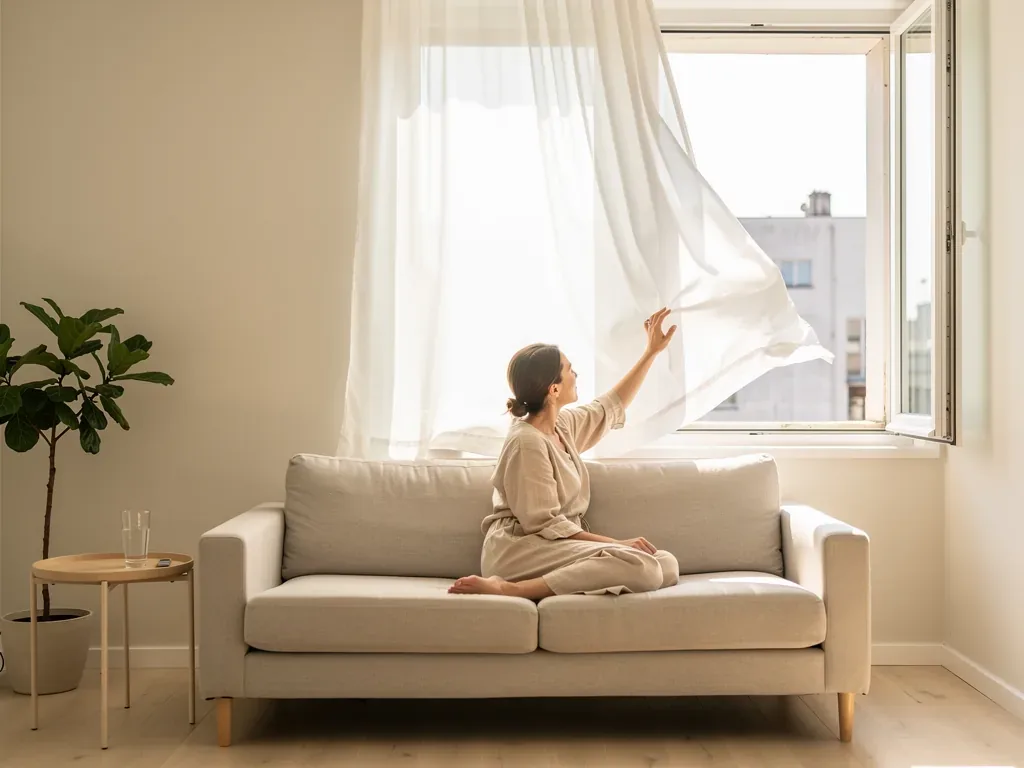 Wohnung mit geöffnetem Fenster und Ventilator bei sommerlicher Hitze