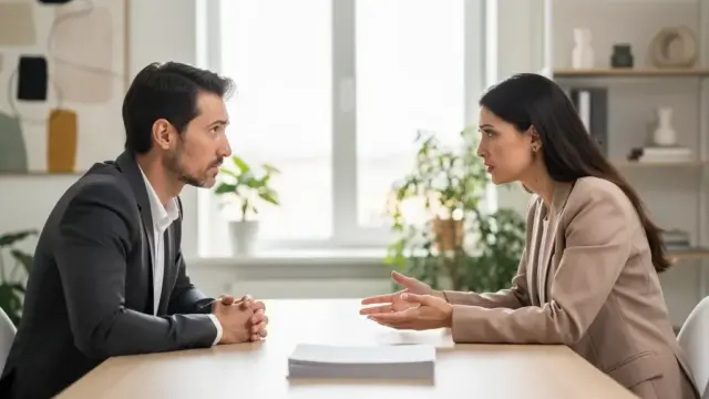 Vater und Mutter beraten sich gemeinsam mit Anwalt zum Sorgerecht bei Trennung