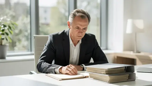 Staatsanwalt bei der Arbeit im Büro mit Akten zu Strafverfahren und Ermittlungen