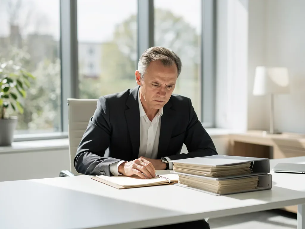 Staatsanwalt bei der Arbeit im Büro mit Akten zu Strafverfahren und Ermittlungen
