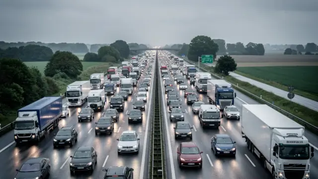 Verkehrsbild auf der A3 mit Stau und Baustellen zwischen Köln und Frankfurt