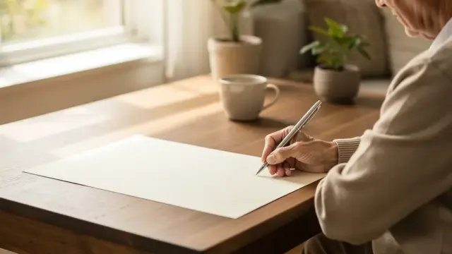 Person schreibt Testament handschriftlich mit Stift auf Papier zur Erbschaftsregelung