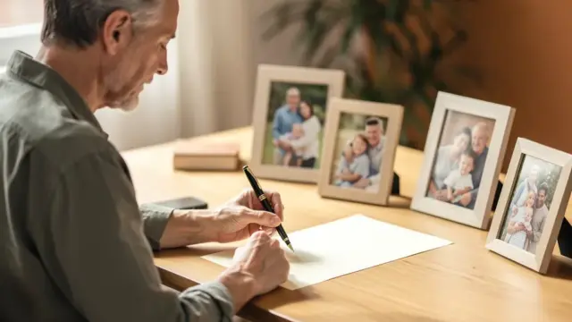 Person signiert Testament mit Fokus auf persönliche Hinterlassenschaften und Erbfolgeplanung