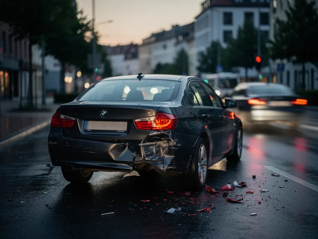 Unfallstelle mit beschädigtem Fahrzeug nach Unfall und Polizei vor Ort