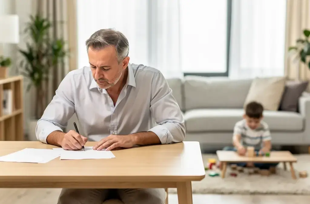 Vater mit Kind bespricht Kindesunterhalt bei hohem Einkommen am Schreibtisch