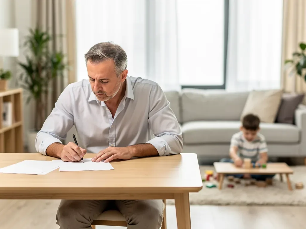 Vater mit Kind bespricht Kindesunterhalt bei hohem Einkommen am Schreibtisch
