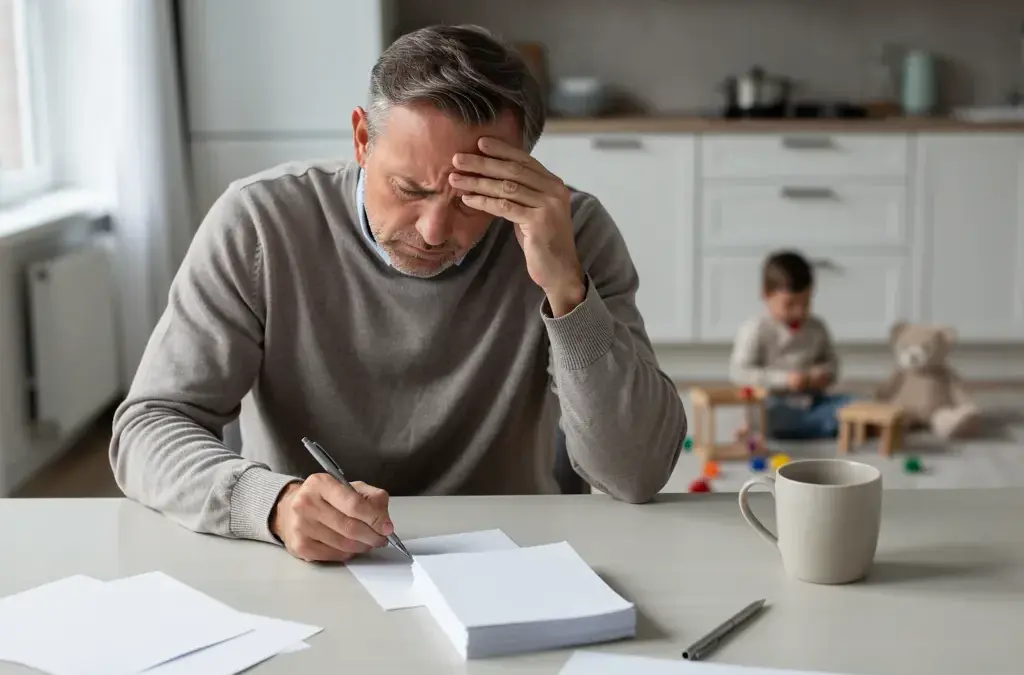 Mann mit leerem Portemonnaie überlegt Kinderunterhalt trotz Arbeitslosigkeit zu zahlen