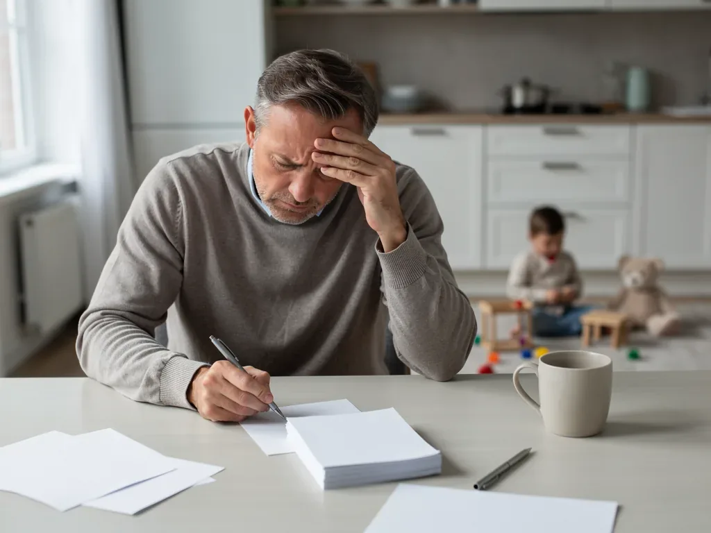 Mann mit leerem Portemonnaie überlegt Kinderunterhalt trotz Arbeitslosigkeit zu zahlen