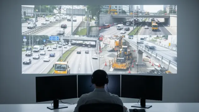Verkehrszentrale mit digitaler Karte zeigt aktuelle Staus und Baustellen live