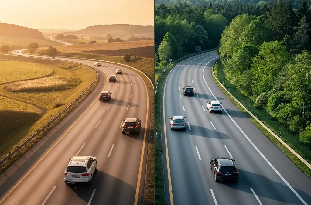 Vergleich Verkehrsregeln USA und Deutschland mit Stoppschildern und Ampeln am Kreuzungspunkt