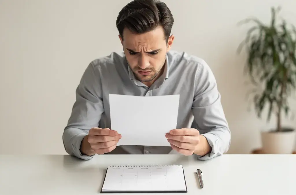 Person mit Briefen und Stift legt fristgerecht Widerspruch Kündigung schriftlich ein