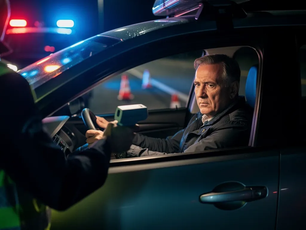 Illustration eines Autos mit Symbolen für Alkohol, Drogen und Geschwindigkeitsverstoß im Verkehrsrecht