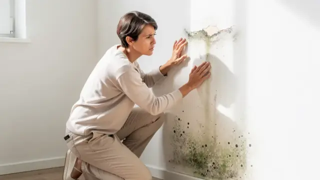 Mieter erkennt Feuchtigkeitsschäden und Schimmel in der Wohnung zur Mängelmeldung