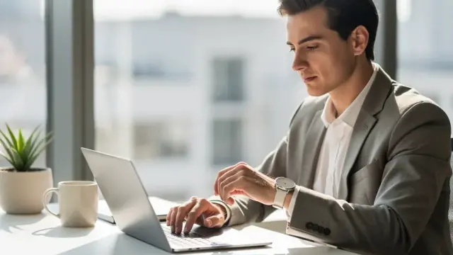 Mitarbeiterin arbeitet konzentriert am Schreibtisch mit Laptop und Arbeitsvertrag vor sich