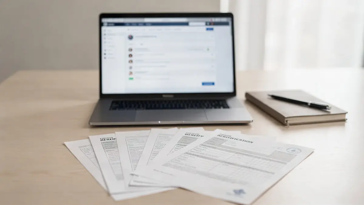 Laptop mit Firmenrecherche, daneben Notizbuch und Unterlagen zur Prüfung eines Unternehmens vor Vertragsabschluss