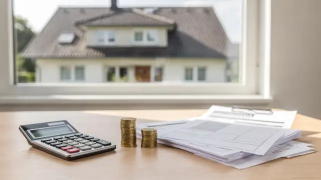 Haus in Hessen mit Taschenrechner und Steuerunterlagen zum Thema Grundsteuer