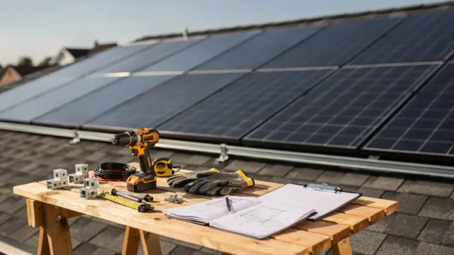 Solarpanel-Anlage auf einem Hausdach mit Unterlagen und Werkzeugen zur Photovoltaikfirma